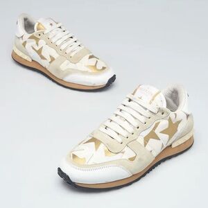 Valentino Rockrunner Camustars Suede White Gold Star Sneakers